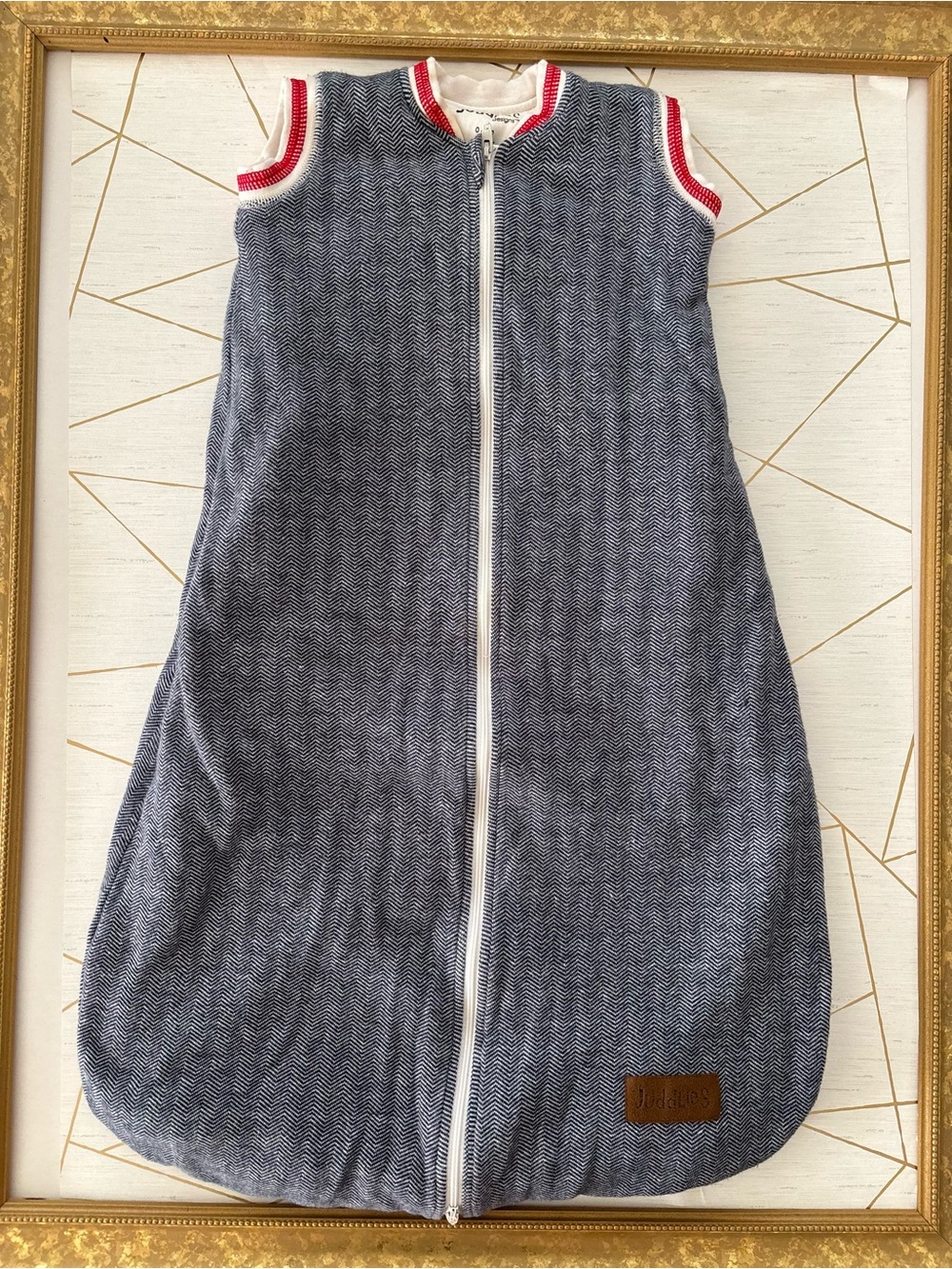 Juddlies Grey Herringbone Baby Sleep Sack with Brown Leather Logo